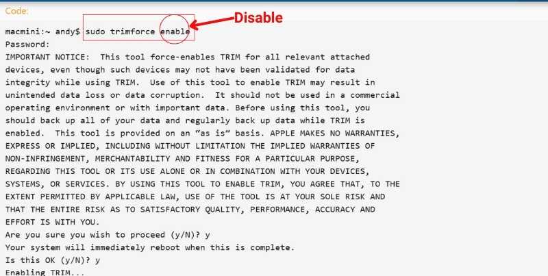 Trim Mac'i devre dışı bırak
