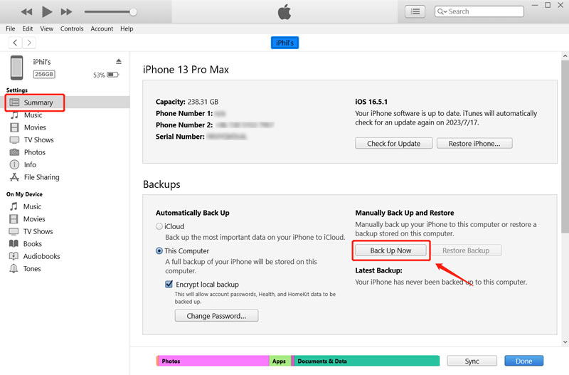 Eseguire il backup dei messaggi dell'iPhone utilizzando iTunes
