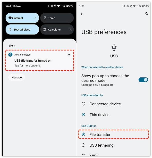Connect Android To Computer And Choose File Transfer Mode