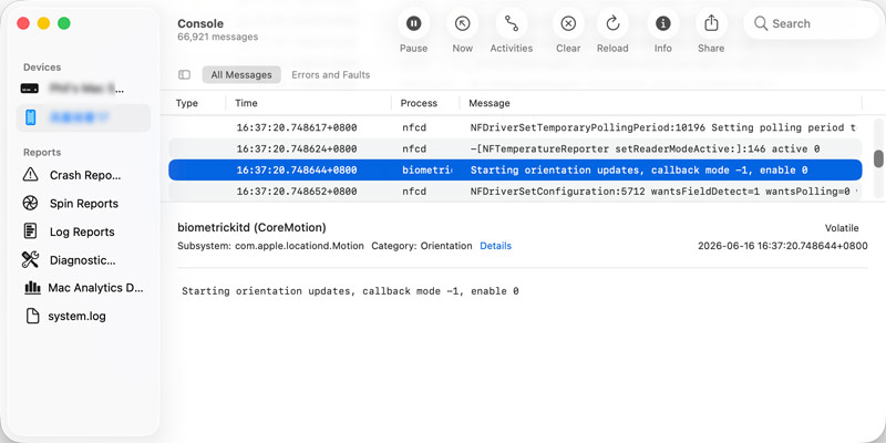 Aplikacja konsoli Mac Dzienniki systemowe iPhone'a
