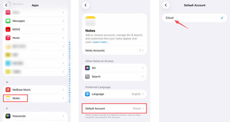 iPhone Notes Default Account iCloud