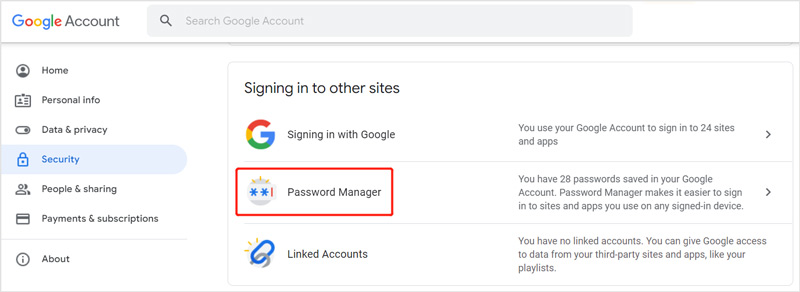 Správce hesel účtu Google