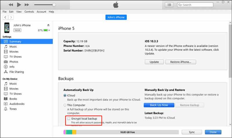 iTunes crittografa il backup locale