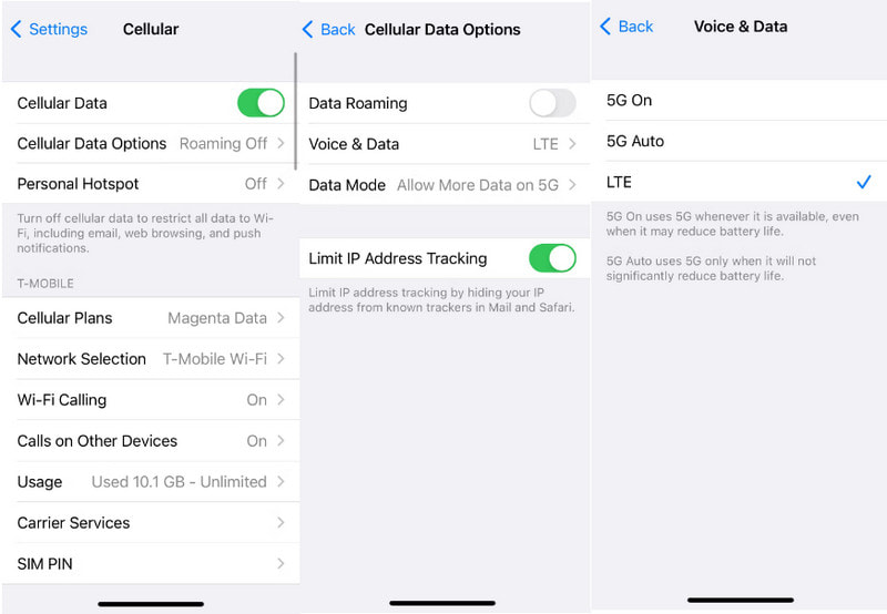 Settings Cellular Voice and Data LTE