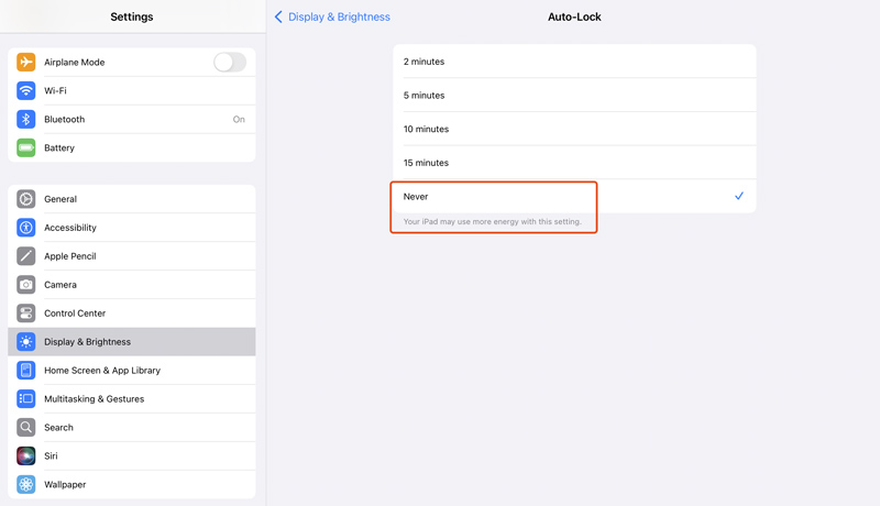 Turn off Auto Lock on iPad Select Never