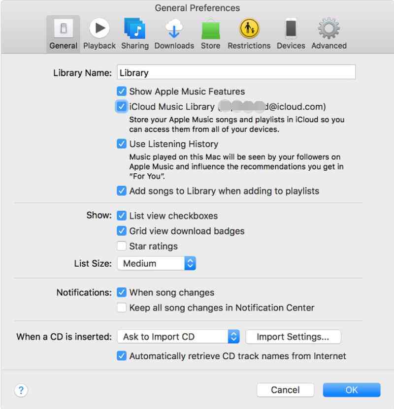 Zrušte zaškrtnutí iCloud Music Library na PC