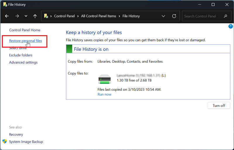 Gendan personlige filer med filhistorik Windows 10 11