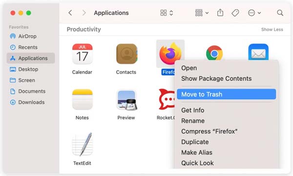 Μετακίνηση Firefox στον Κάδο απορριμμάτων σε Mac
