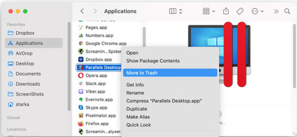 Siirrä Parallels roskakoriin Macissa