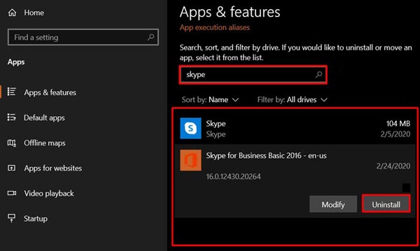 Odinstalujte Skype pro firmy ve Windows 10