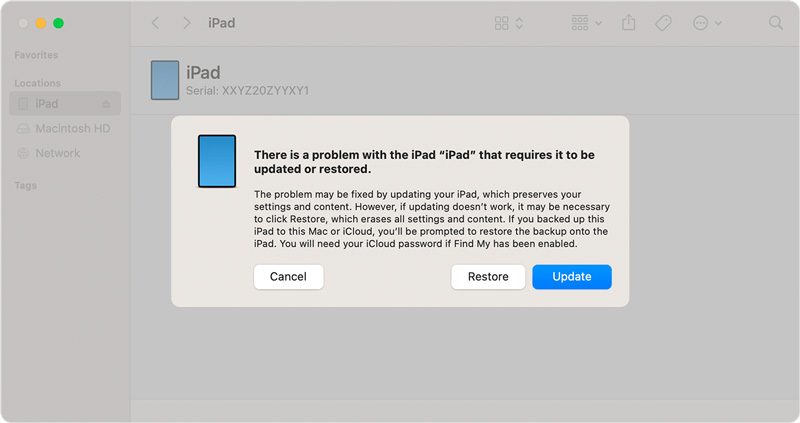 Ontgrendel uitgeschakelde iPad-herstelmodus Finder Herstellen