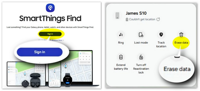 Click Erase Data in SmartThings Find