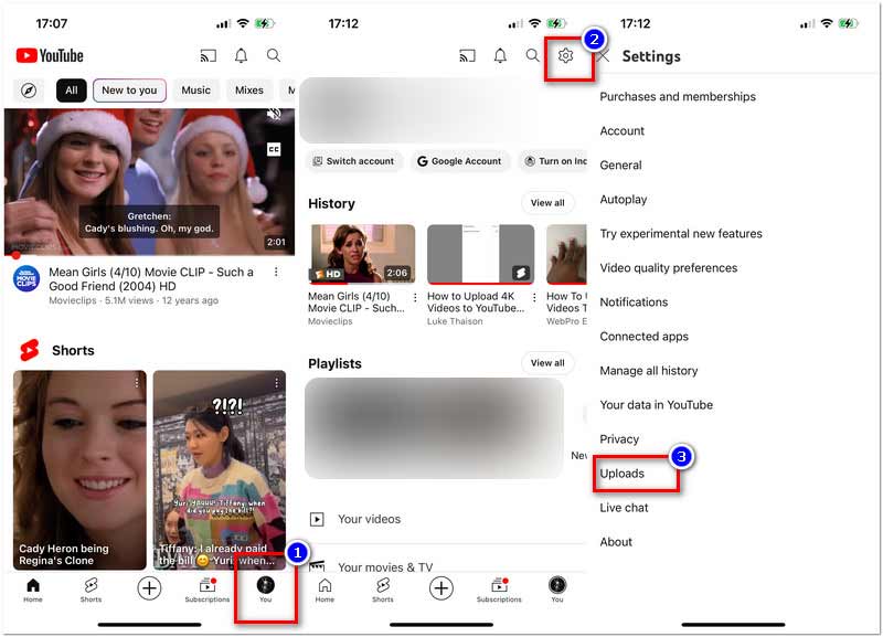 Trova l'impostazione di caricamento sull'app YouTube