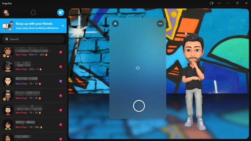 Интерфейс приложения Snapchat для Windows