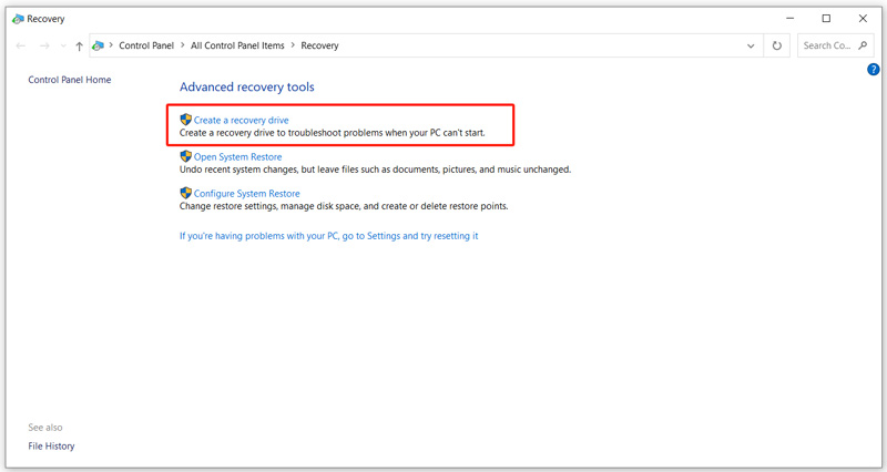 Create A Windows Recovery Drive Control Panel
