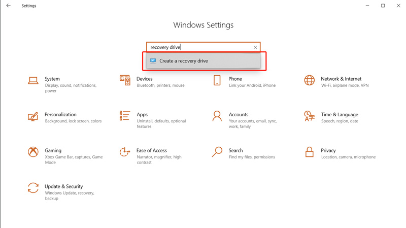 Create Windows Recovery Drive Settings