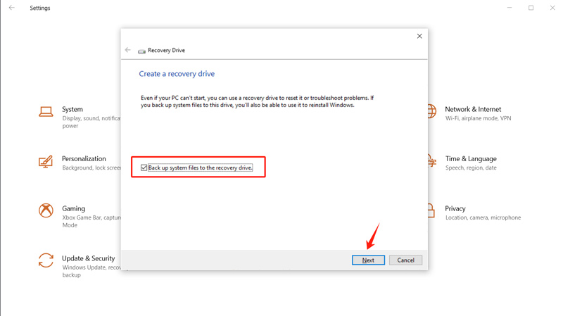 Tick Back Up System Files To Recovery Drive