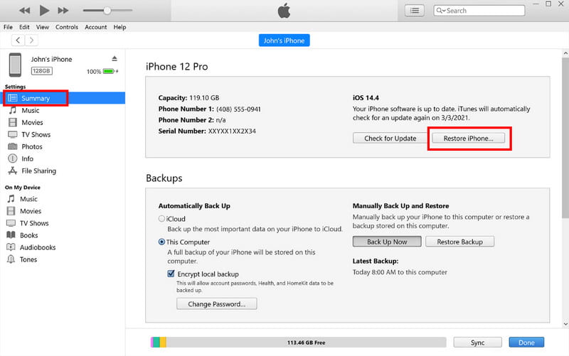 iTunes összefoglaló Az iPhone visszaállítása