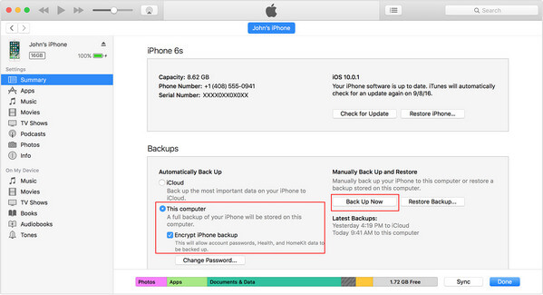 Eseguire il backup delle note iPhone su iTunes