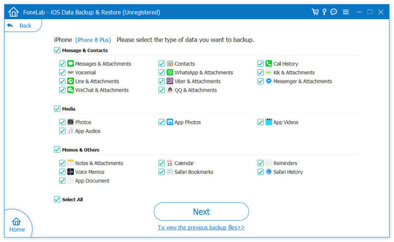 Seleziona i dati per il backup