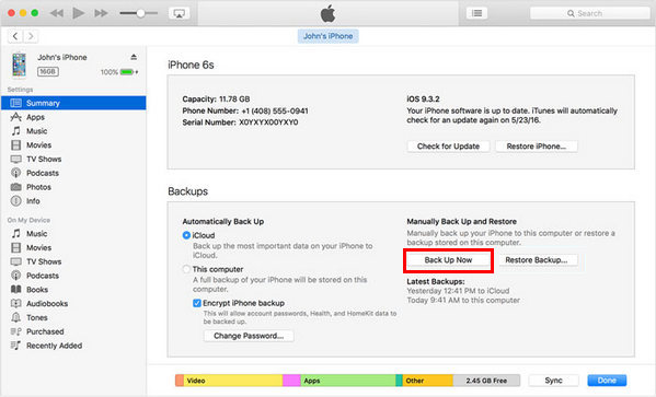 Maak een back-up van de iPhone naar de pc met iTunes