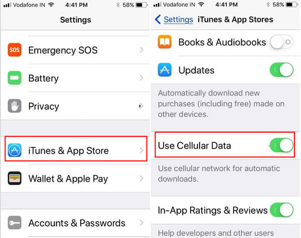 Engedélyezze a Cellular Data használata az iTunes és az App Store alkalmazásban