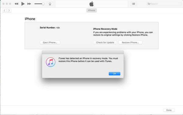 Messaggio sulla modalità di recupero da iTunes