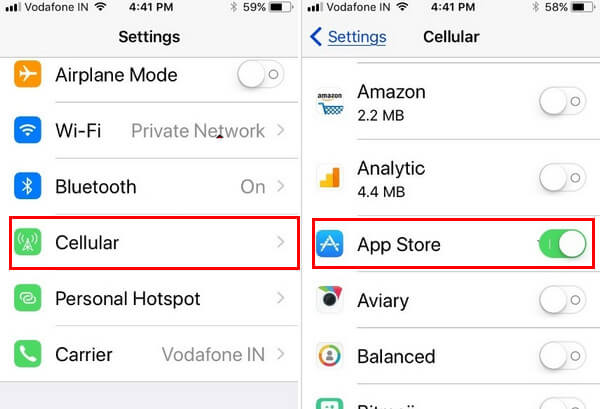 Attiva dati cellulare per App Store