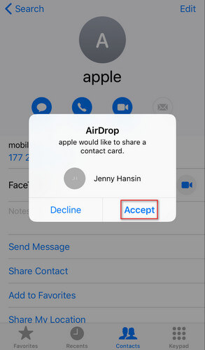 Accept contacts to another iPhone