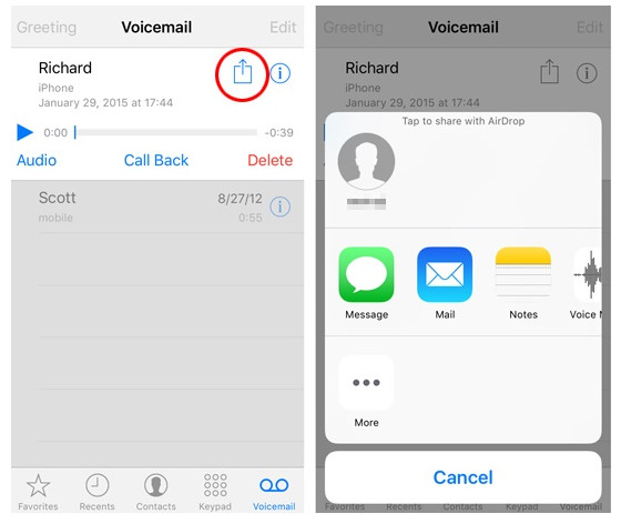 AirDrop voicemails to another iPhone