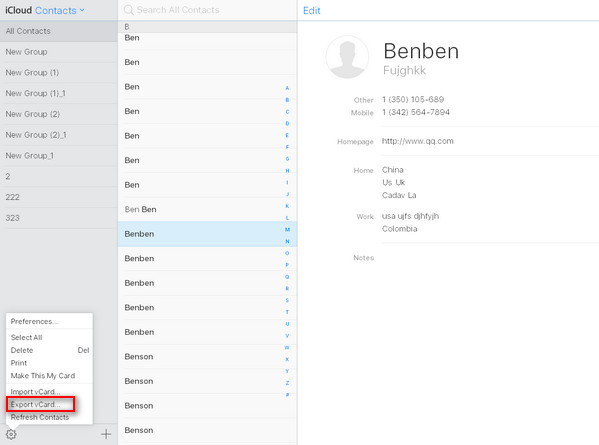 Bekijk iCloud-contacten