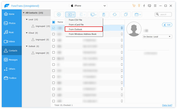 Export kontaktů aplikace Outlook do iPhone