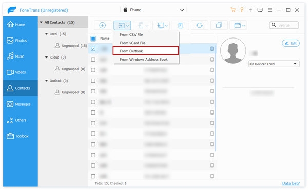 importa i contatti da Microsoft Outlook