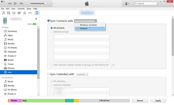 Synchronizace kontaktů aplikace Outlook prostřednictvím iTunes