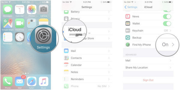 Find My iPhone from iOS Settings