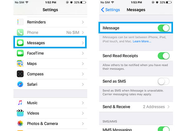 Włącz iMessage, aby naprawić nie wysyłanie zdjęć przez telefon iPhone