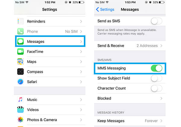 Включить MMS-сообщения, чтобы исправить iphone не отправлять фотографии