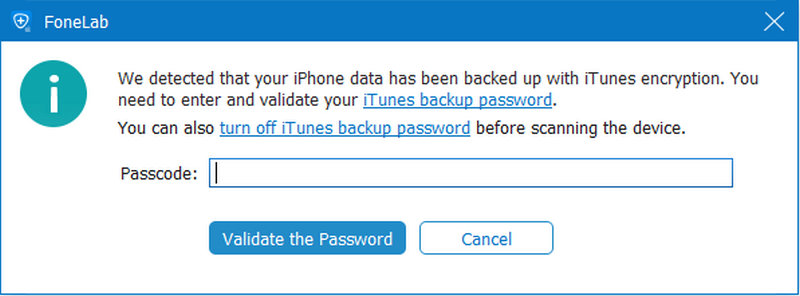 Inserisci la password di backup di iTunes