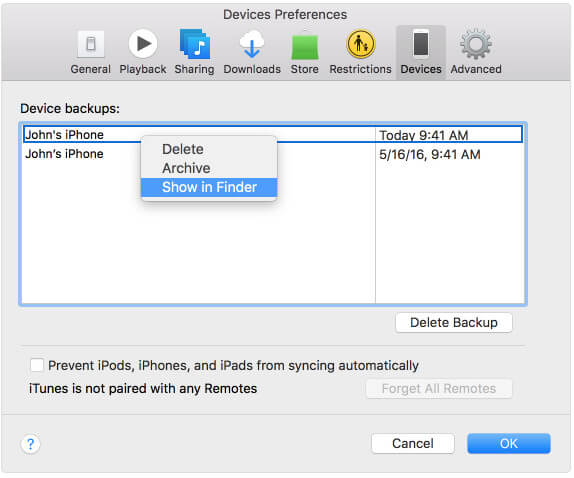 İTunes'da, iPhone Yedekleme'yi kontrol edin