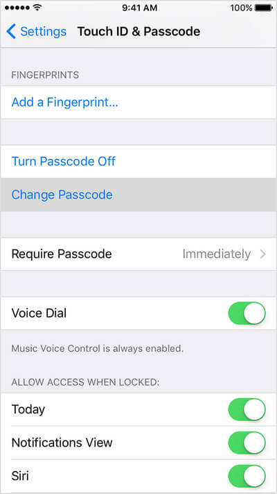 Touch ID & Passcode Options
