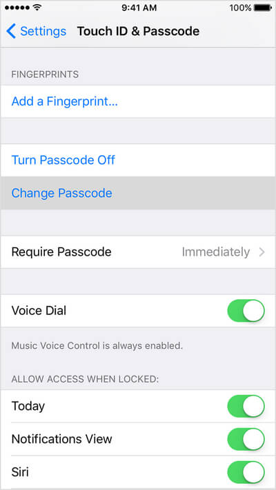 Tocca Opzioni ID e passcode