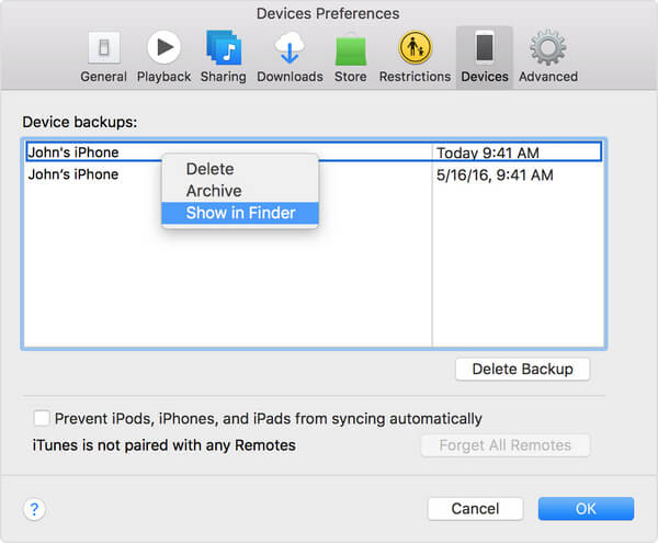 Visa iTunes Backup i Finder