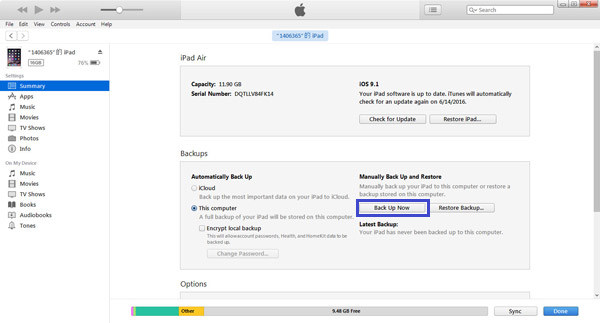 在iTunes中备份iPad