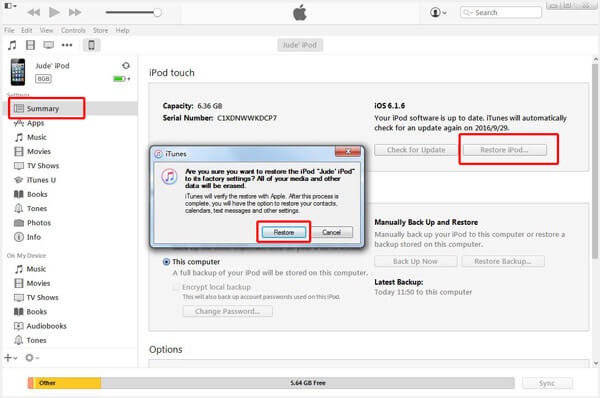Reset iPod with iTunes
