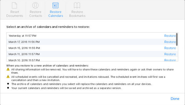Restore Canlendar from iCloud