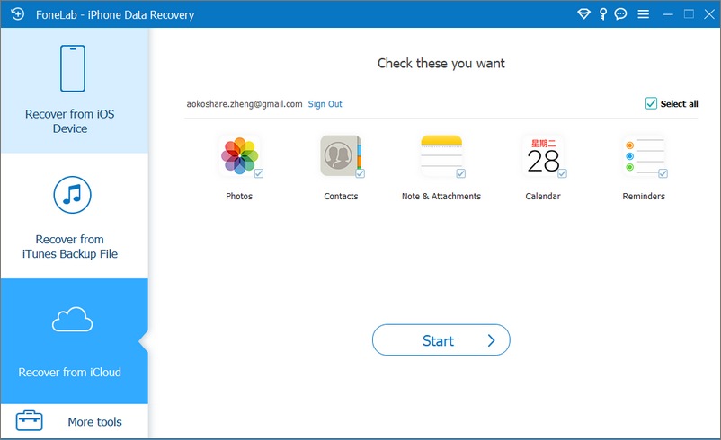 Select Data Type from iCloud for Scanning