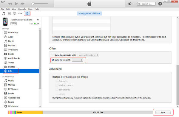 Synkronoi muistiinpanot Outlookin kanssa iTunesin kautta