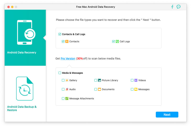 Vælg datatyper på din Android for at gendanne