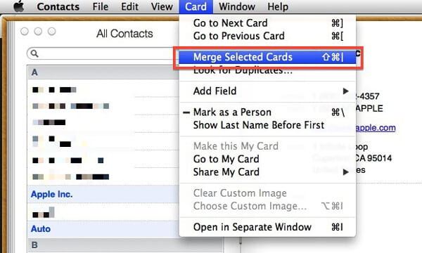 Sloučit vybrané kontakty iPhone v systému Mac