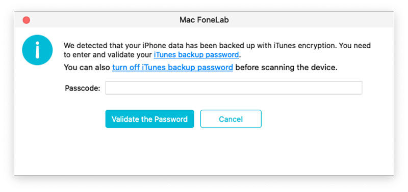 Voer iTunes Backup-wachtwoord in